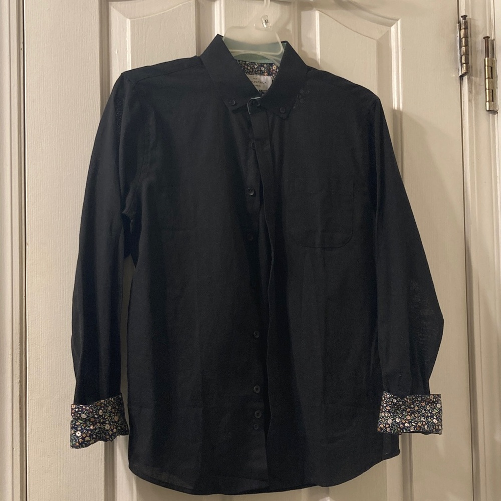 Black Button-Down Shirt with Floral Cuffs